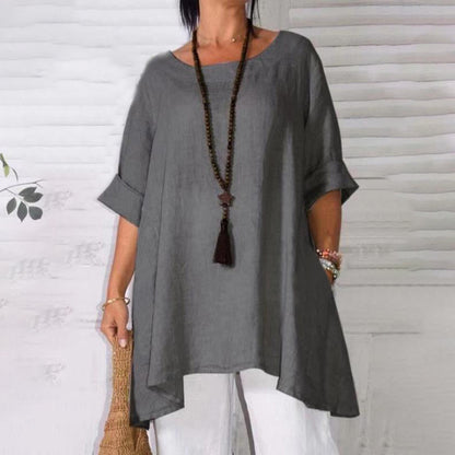 Women's New Loose Casual Solid Color Cotton And Linen Long-Sleeved Women's Blouse