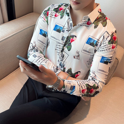 Men Digital Printed Blue Casual Long Sleeve Lapel Shirt