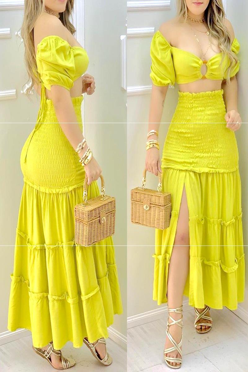 New Solid Color One-shoulder Zipper High Waist High Slit Dress