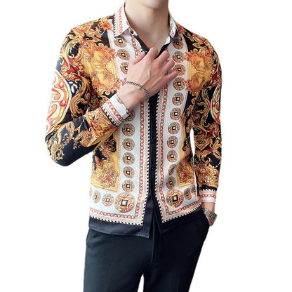 Men Gold Printed Long Sleeve Lapel Shirt