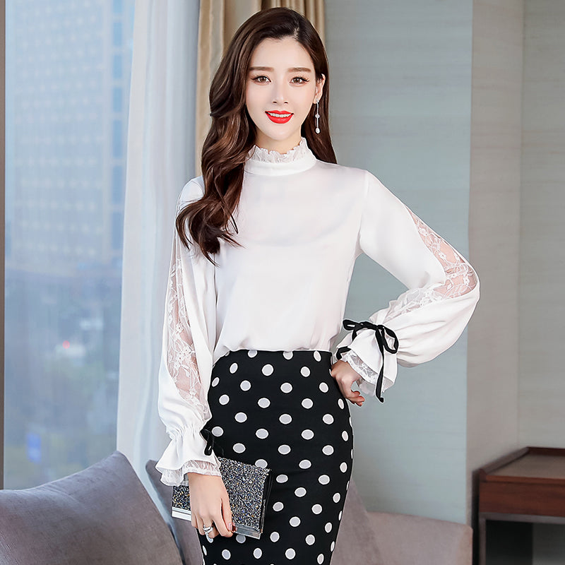 Women's long sleeve lace stand collar shirt