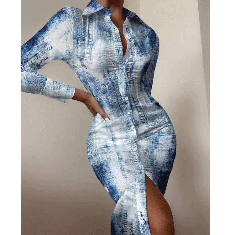 Fashion Printed Sexy Waist Slimming Shirt Dress