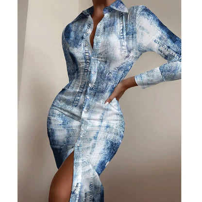 Fashion Printed Sexy Waist Slimming Shirt Dress