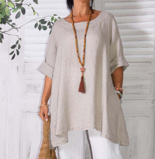 Women's New Loose Casual Solid Color Cotton And Linen Long-Sleeved Women's Blouse