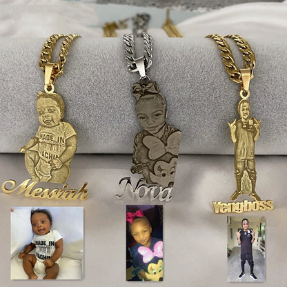 Frosted Portrait Photo Name Necklace Children