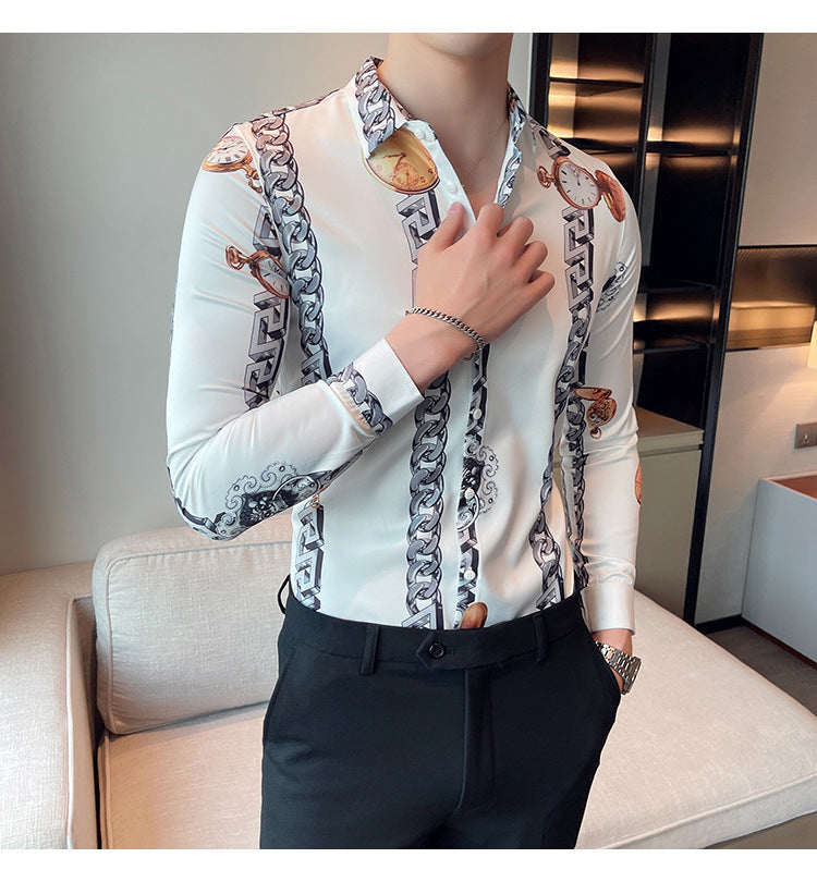 Men British Casual Printed Long Sleeve Lapel Top