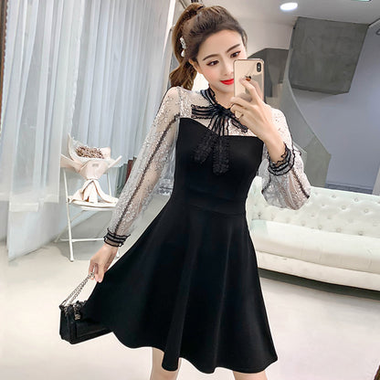 Women's Bow Lace Stitching Thin Waist A-line Skirt