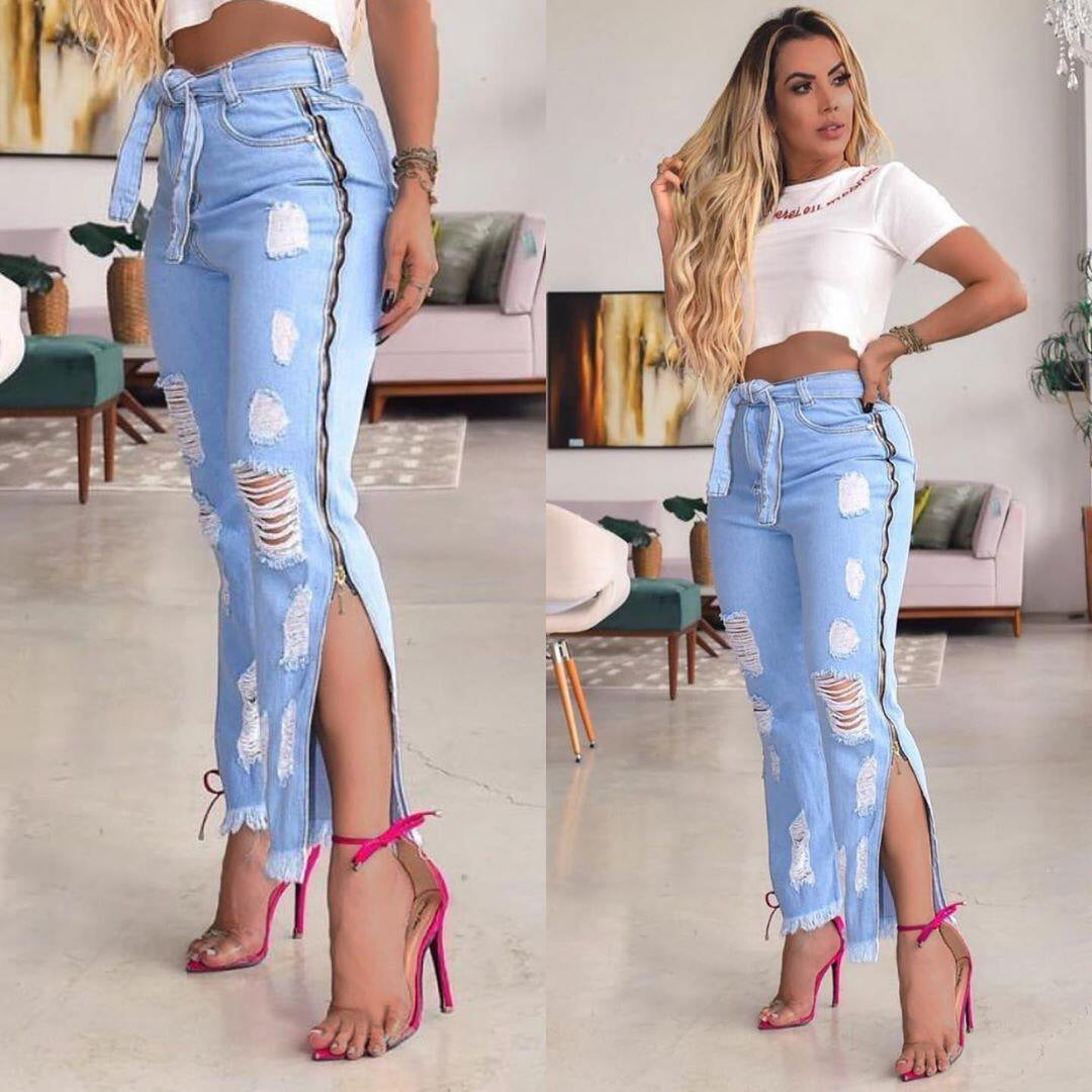 New style women's clothing straps pockets torn holes slit pants