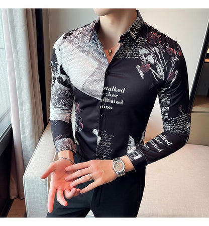 Men Floral Long Sleeve Lapel Collar Casual Printed Shirt