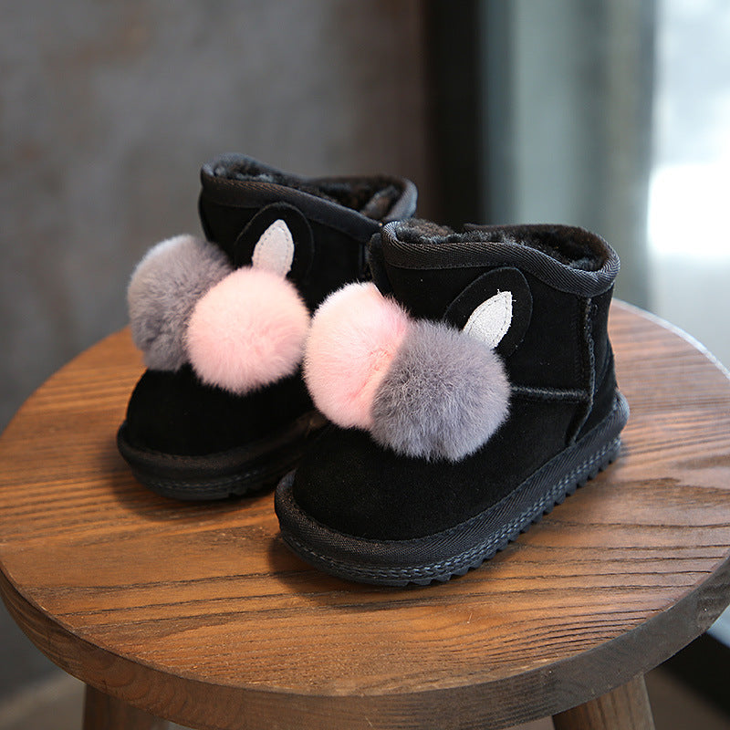 Rabbit fur ball girls and children snow boots