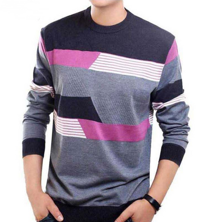 Thickened Warm Men's Long Sleeve T-shirt Stripe Knitted Round-collar Bottom Shirt