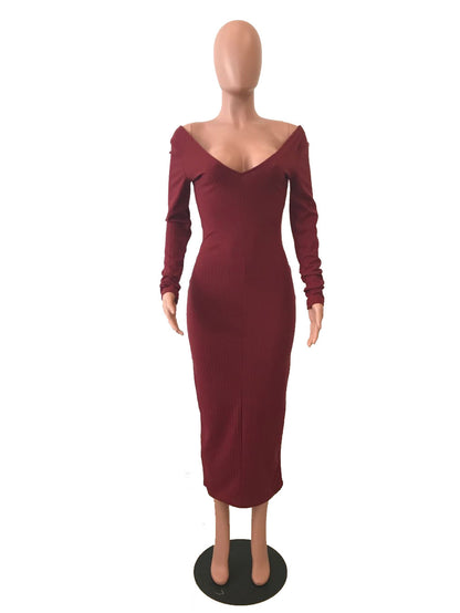 Nightclub Sexy One-neck Solid Color Autumn And Winter Long-sleeved Pit Strip Dress