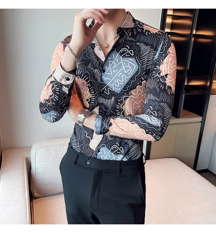 Men Casual Abstract Printed Long-Sleeved Lapel Black Shirt