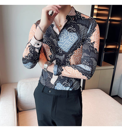 Men Casual Abstract Printed Long-Sleeved Lapel Black Shirt