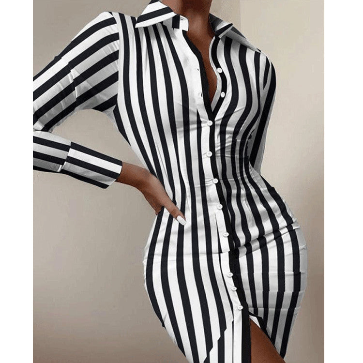 Fashion Printed Sexy Waist Slimming Shirt Dress