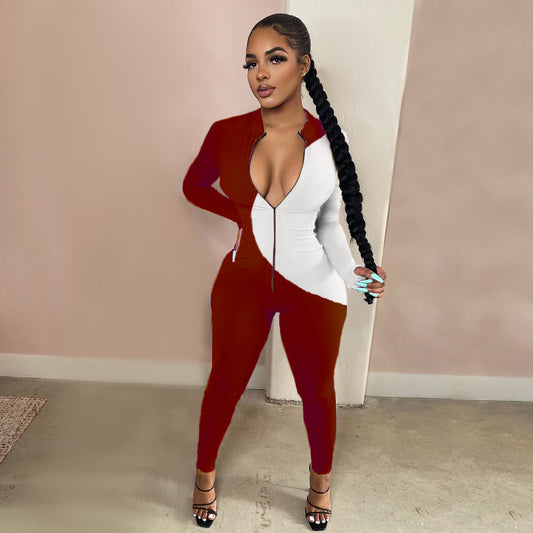 Sexy Casual Hit Color Zipper Long-sleeved Jumpsuit