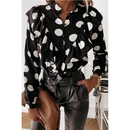 Polka Dot Print Long Sleeve V-Neck Blouse Blouse