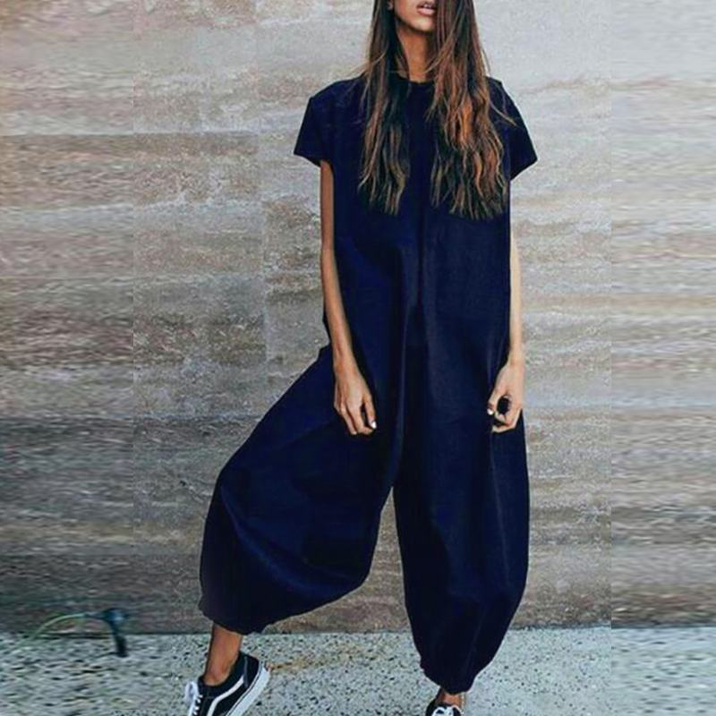 Solid color cotton and linen jumpsuit