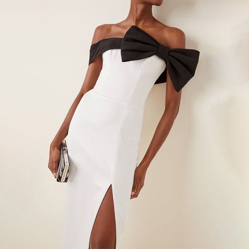 Black And White Slit Long Skirt Bow Party Dress