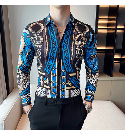 Men Digital Printed Blue Casual Long Sleeve Lapel Shirt