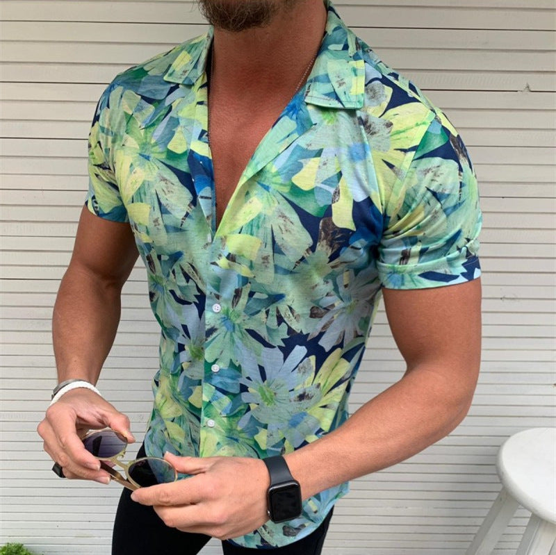 Printed beach style suit neck with short sleeves