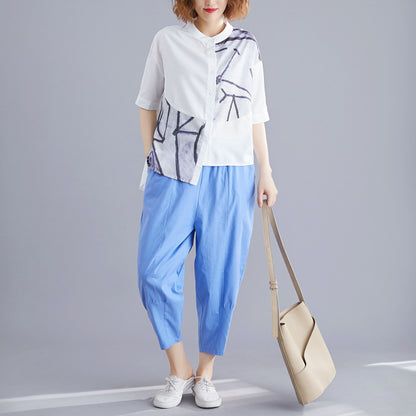 Fashion Plus Size Cotton Linen Chiffon Shirt Casual Linen Wide-leg Pants Suit Women