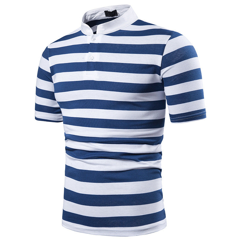 Men's Polo Fashion Thick Stripes Men's Casual Stand-Up Collar Short-Sleeved Polo Shirt