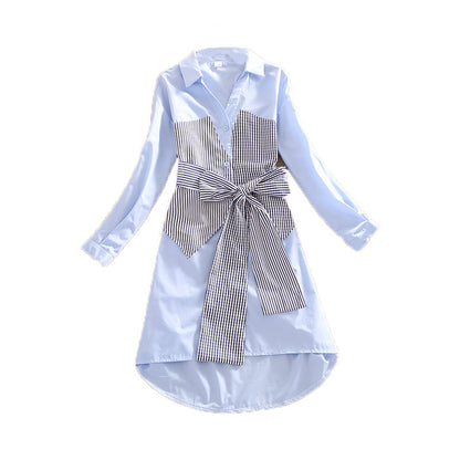 Female Plaid Stitching Shirt Skirt Waist Is Thinner And Bow Knot Asymmetrical Dress