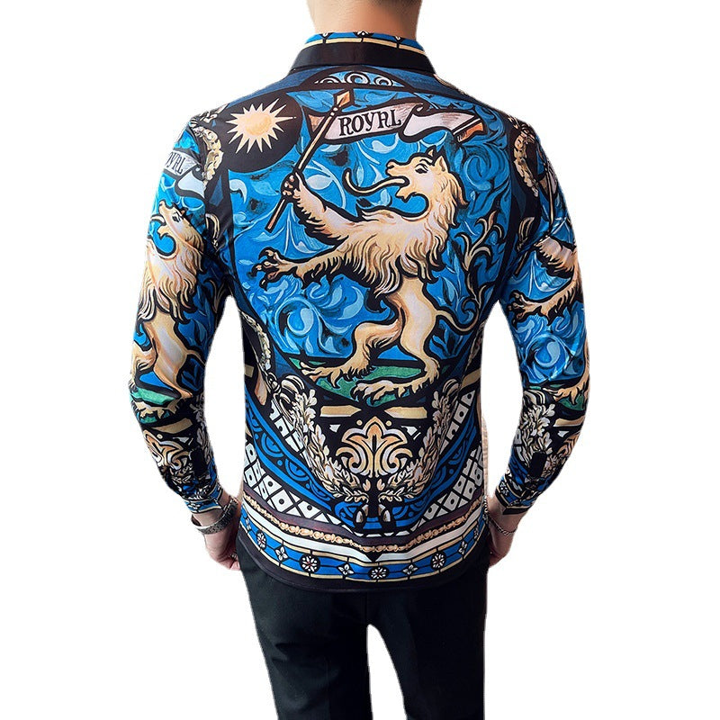 Men Digital Printed Blue Casual Long Sleeve Lapel Shirt