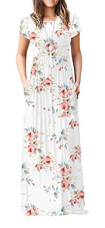 Summer Women's Round Neck Short-sleeved Loose Print Long Dress