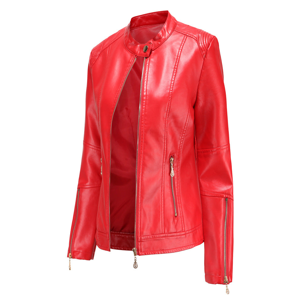 Women's Leather PU Short Coat Stand Collar Jacket