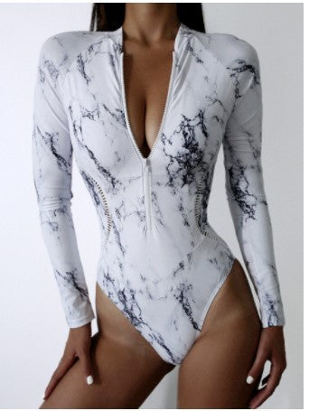 Floral Print Long Sleeve Zip Surfing Suit Zipper One-Piece Swimsuit