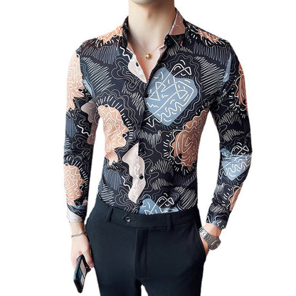 Men Casual Abstract Printed Long-Sleeved Lapel Black Shirt