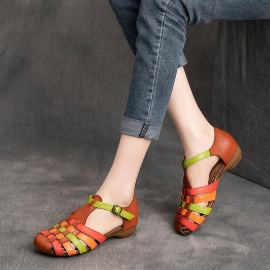 Handmade Color-block Woven Buckle Flat Soft-soled Flat Sandals