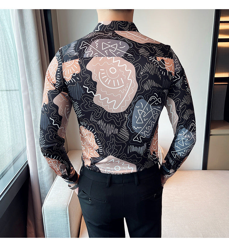 Men Casual Abstract Printed Long-Sleeved Lapel Black Shirt