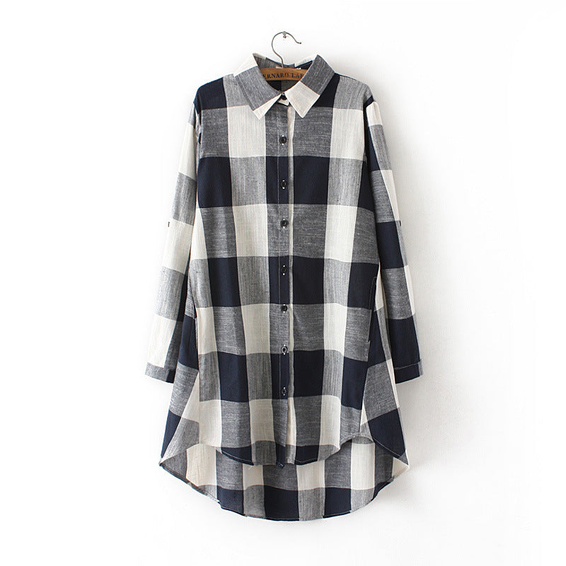 Fat Mm Loose Mid-length Cotton And Linen Large Blouse Long-sleeved Color Matching Shirt