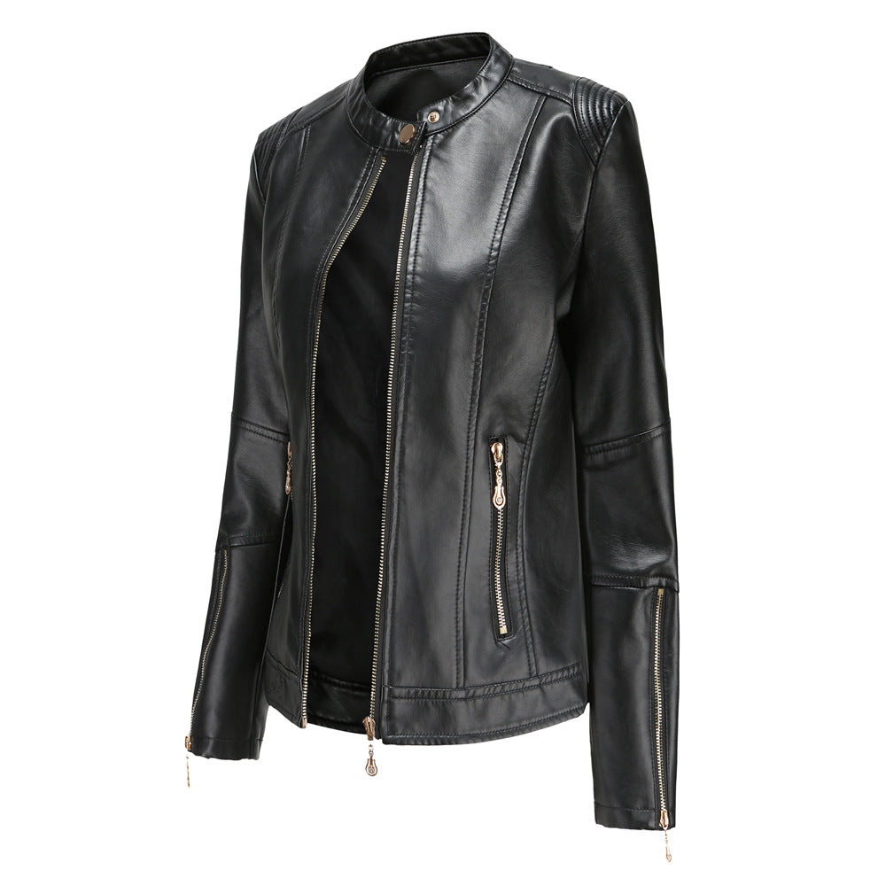 Women's Leather PU Short Coat Stand Collar Jacket