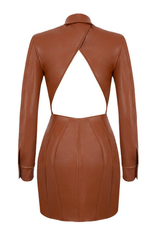 Sexy Women's Lapel  Back PU Leather Sexy One-piece Dress