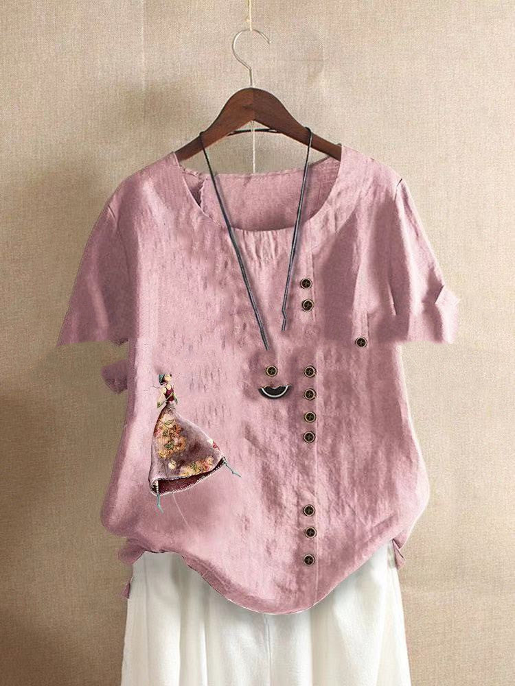 Retro Cotton And Linen Embroidered Button Shirt Women