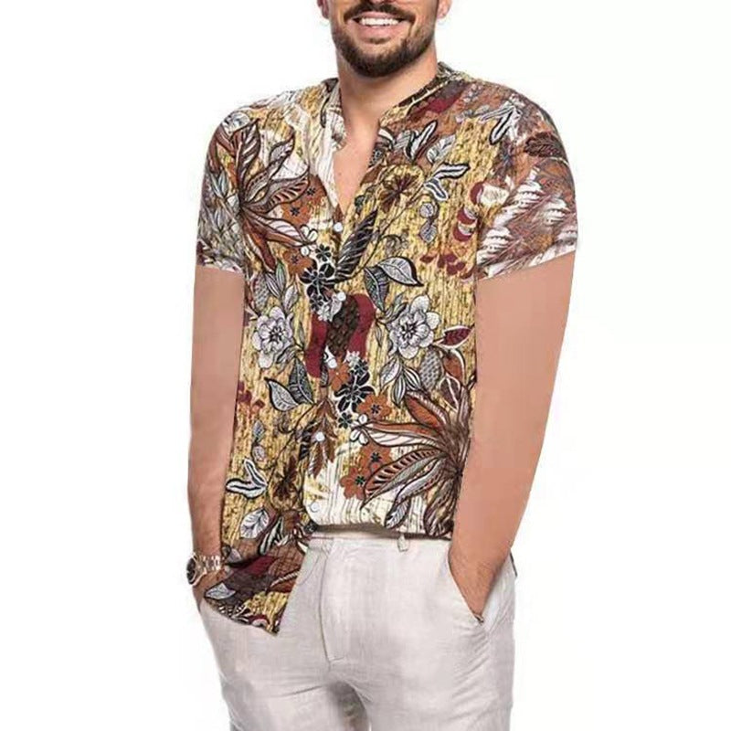 New Men's Printed Shirt Short-Sleeved Half-High Collar Floral Cardigan Top