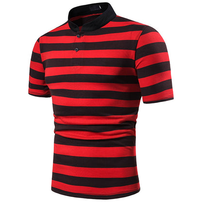 Men's Polo Fashion Thick Stripes Men's Casual Stand-Up Collar Short-Sleeved Polo Shirt