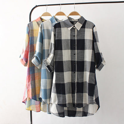 Fat Mm Loose Mid-length Cotton And Linen Large Blouse Long-sleeved Color Matching Shirt