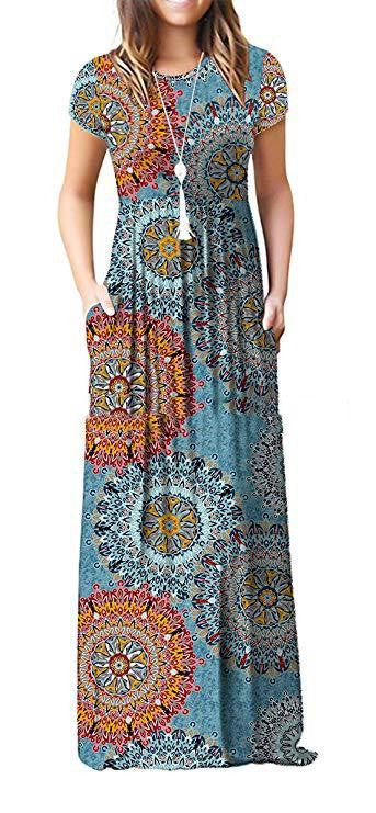 Summer Women's Round Neck Short-sleeved Loose Print Long Dress