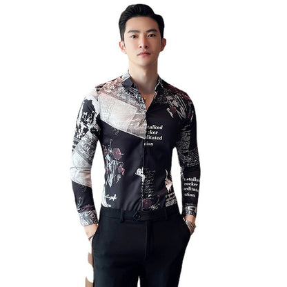 Men Floral Long Sleeve Lapel Collar Casual Printed Shirt