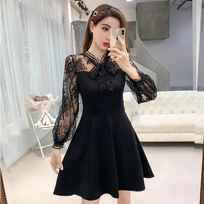 Women's Bow Lace Stitching Thin Waist A-line Skirt