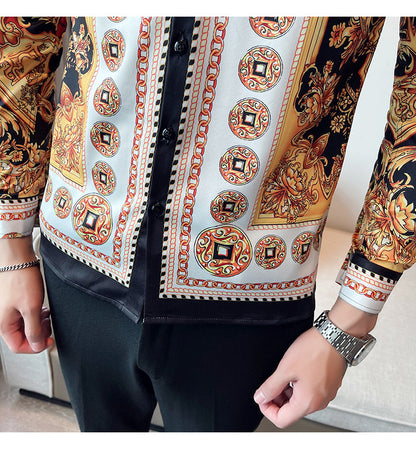 Men Gold Printed Long Sleeve Lapel Shirt