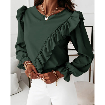 Patchwork Flared Sleeve Ruffle Long Sleeve Blouse Blouse