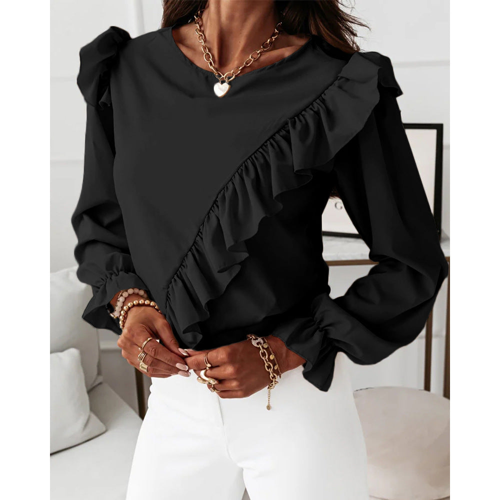 Patchwork Flared Sleeve Ruffle Long Sleeve Blouse Blouse