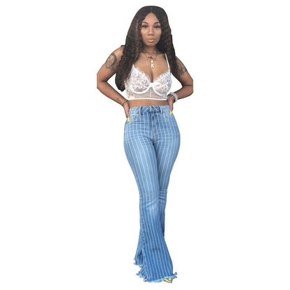 Fashion Ladies Blue High Waist Striped Flare Jeans