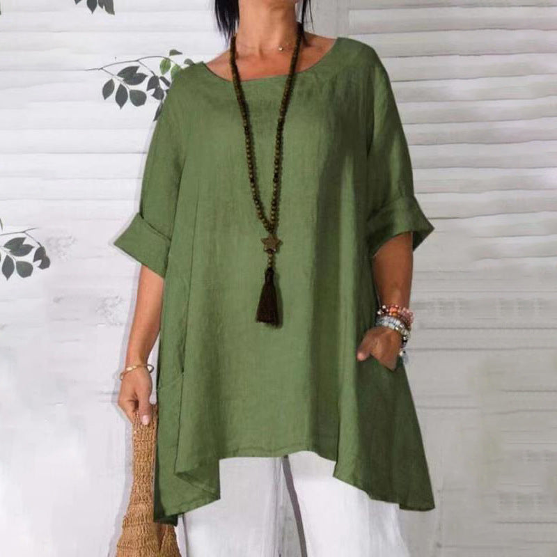 Women's New Loose Casual Solid Color Cotton And Linen Long-Sleeved Women's Blouse